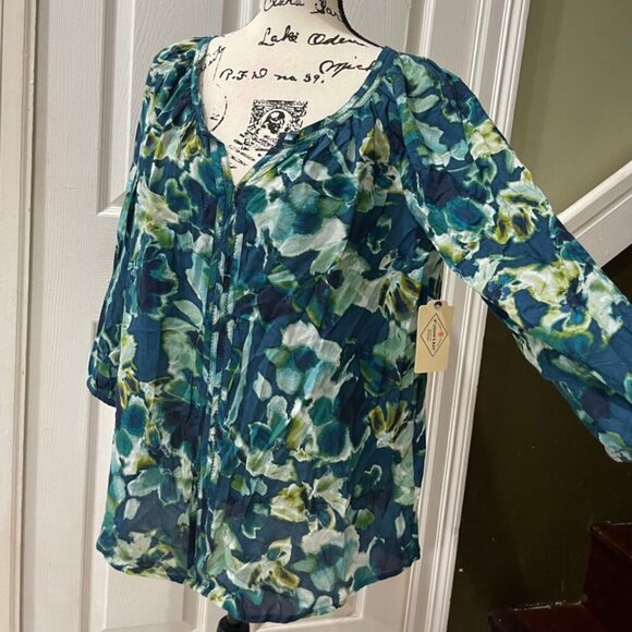 New water floral boho puff sleeves aqua Rayon blouse St. John’s Bay - Picture 9 of 14